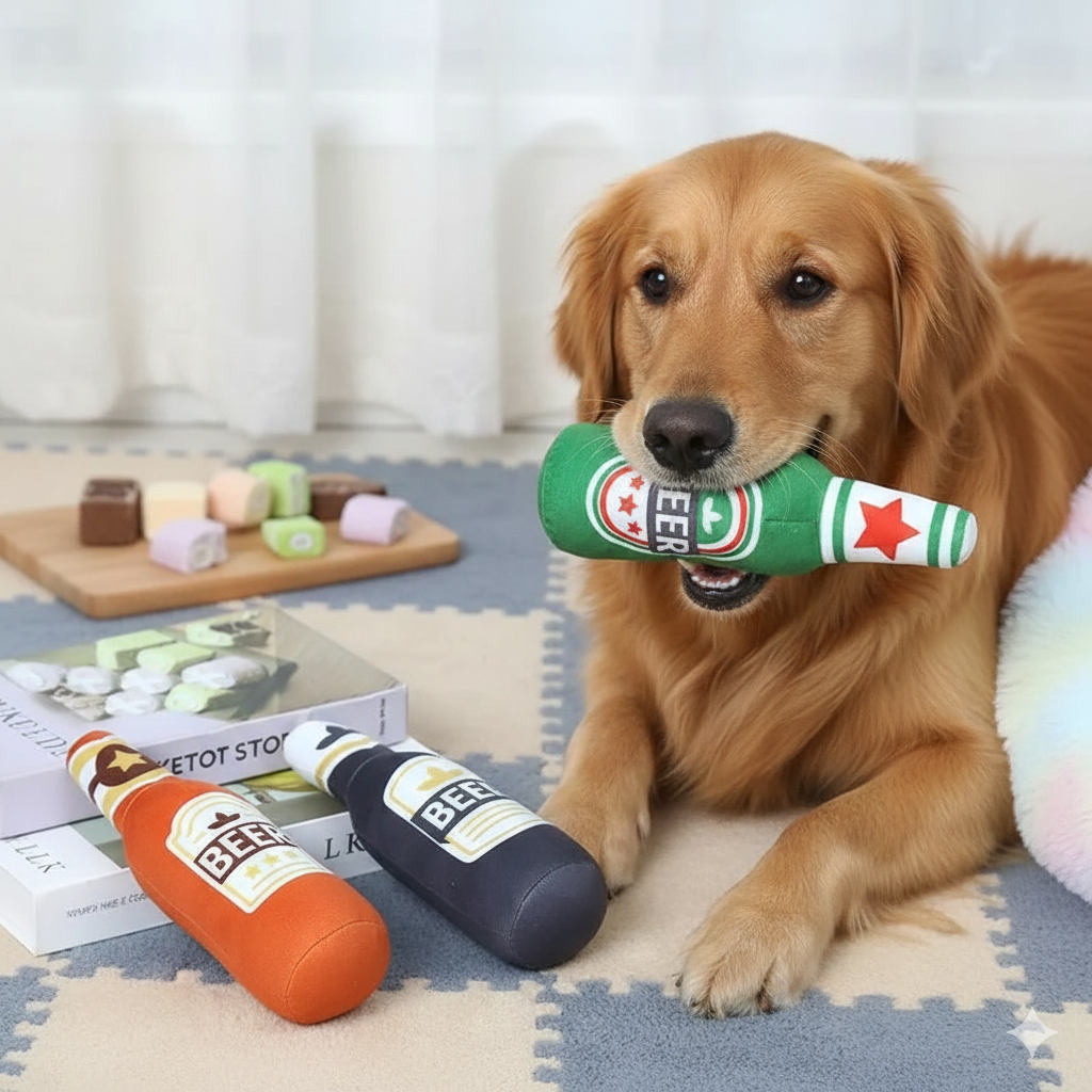 Plyšová hračka pro psy – Láhev piva/brambůrky - Hračky Pro Mazlíčky